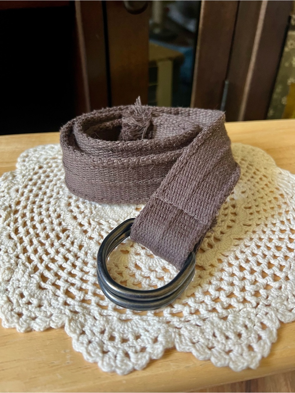 Chocolate Brown Fabric Belt w/ D Rings Woven Distressed Polyester Size 32-36
